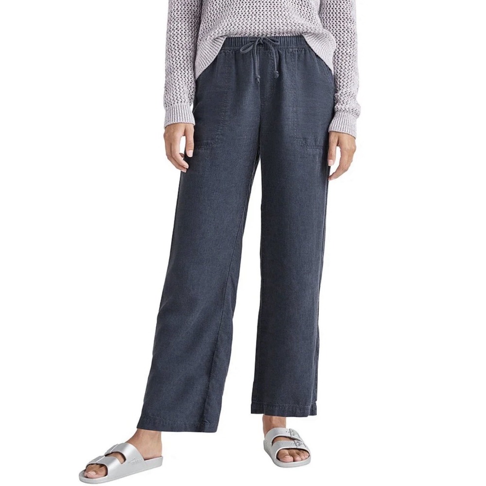 Splendid Angie Crop Wide Leg Linen Blend Pants Navy Drawstring Large